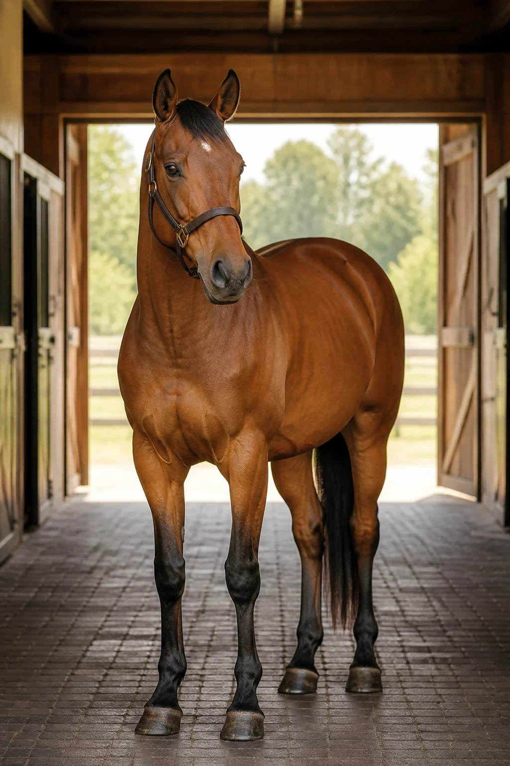 Full-size horse standing calmly in a barn