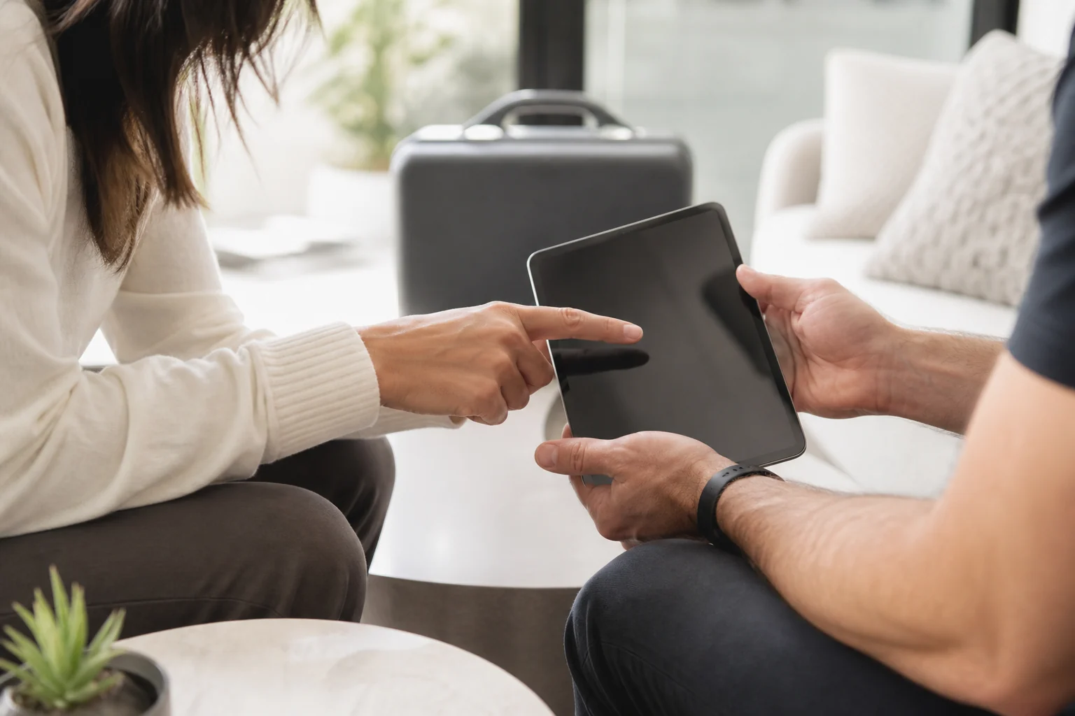 Client and practitioner reviewing questions before a mobile appointment