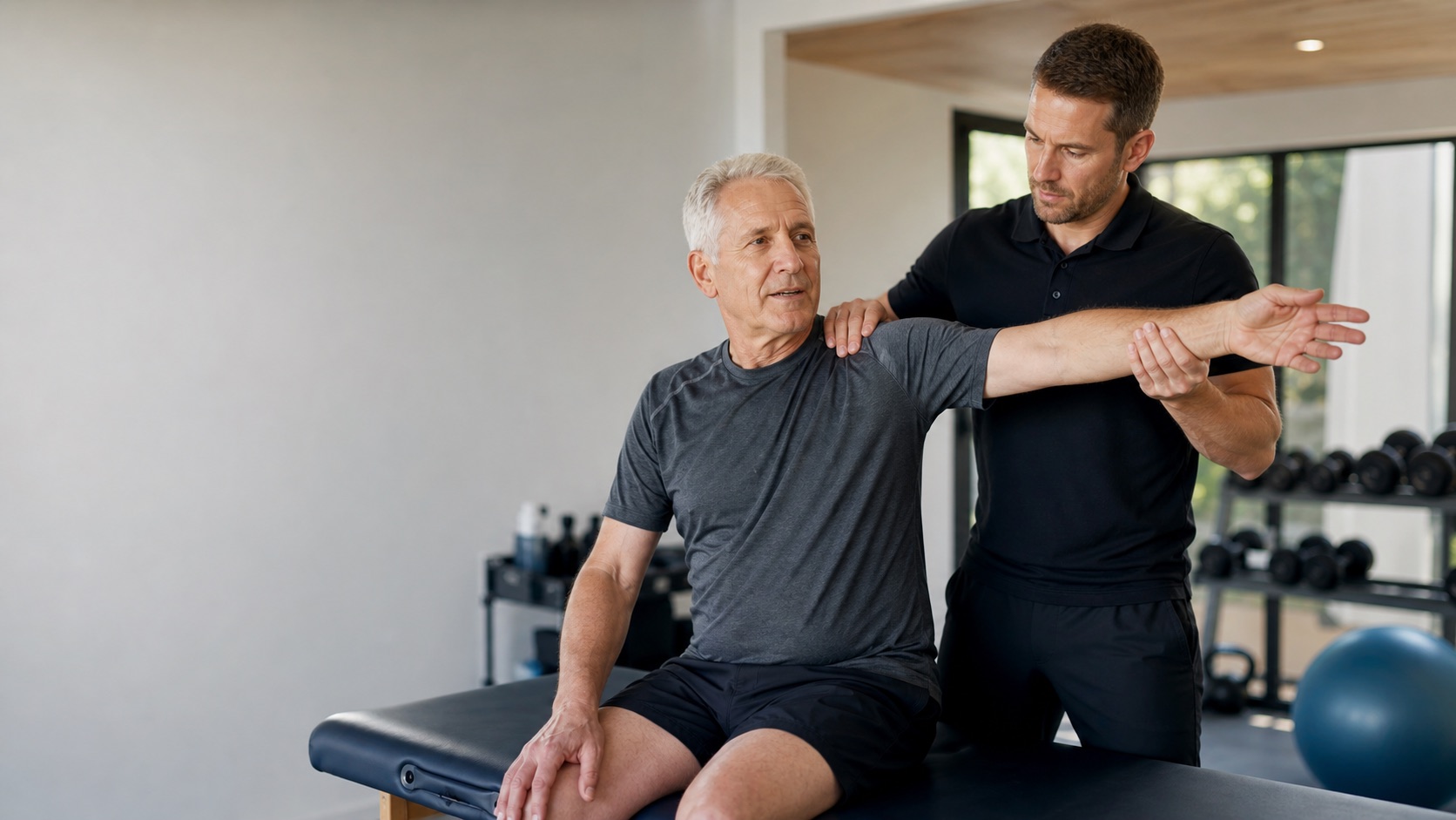 Practitioner assessing a client's shoulder before a service