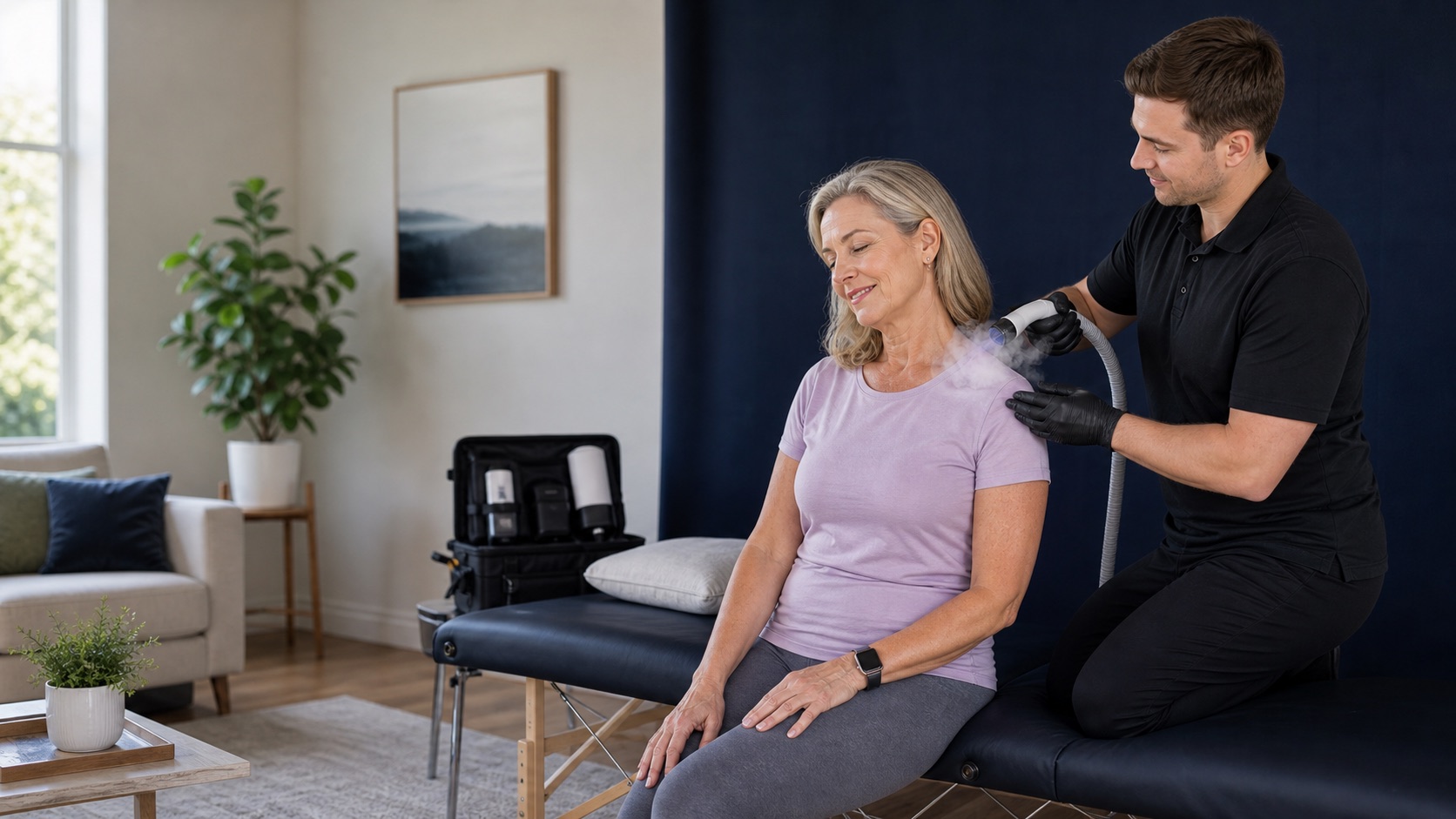 Practitioner positioning localized cryotherapy equipment near a client's shoulder